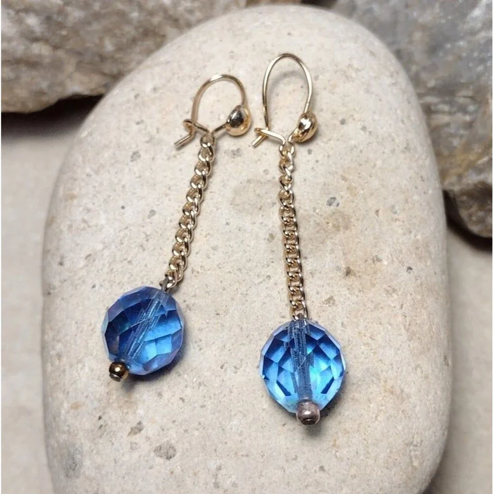 Blue Crystal Bead Gold Plated Chain Drop Dangle Earrings